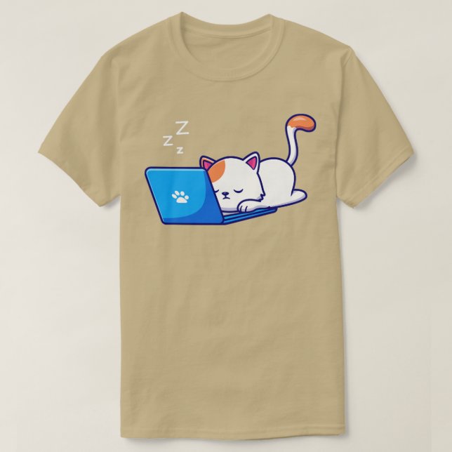 T-shirt Couchage Chat Et Travail Sur Ordinateur Portable (Design devant)
