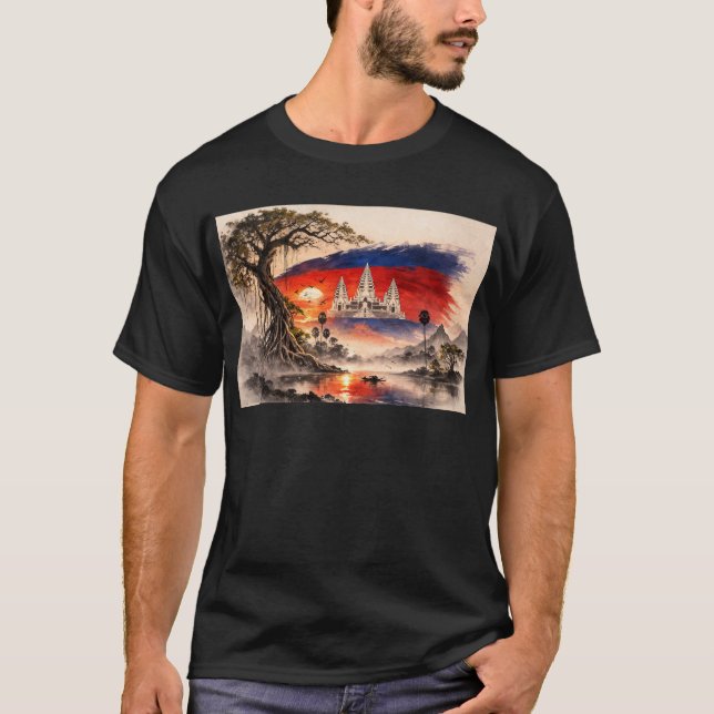 T-shirt Coucher de soleil avec drapeau du Cambodge (Devant)