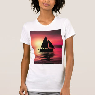 T-shirt Coucher de soleil, Bateau à voile dans la mer-3918