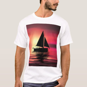 T-shirt Coucher de soleil, Bateau à voile dans la mer-3918