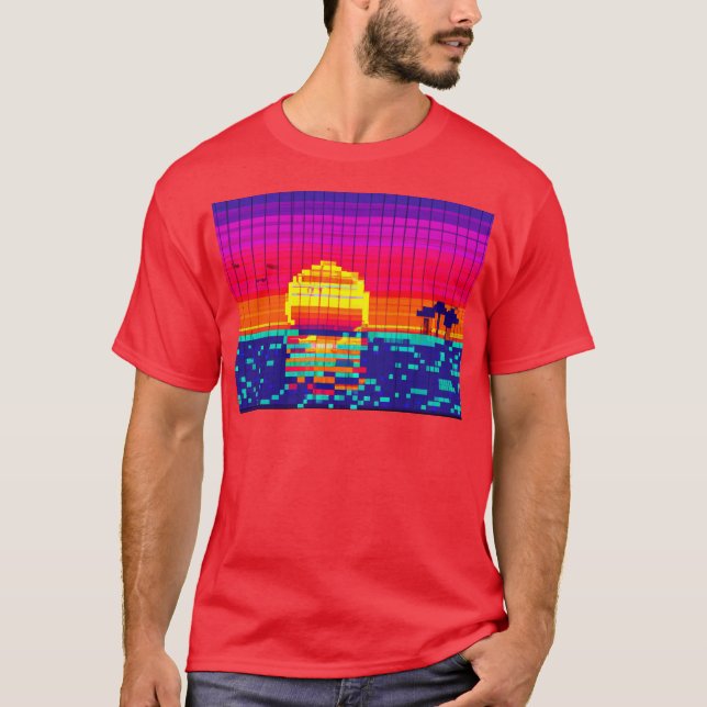 T-shirt Coucher de soleil de plage 8 bits (Devant)