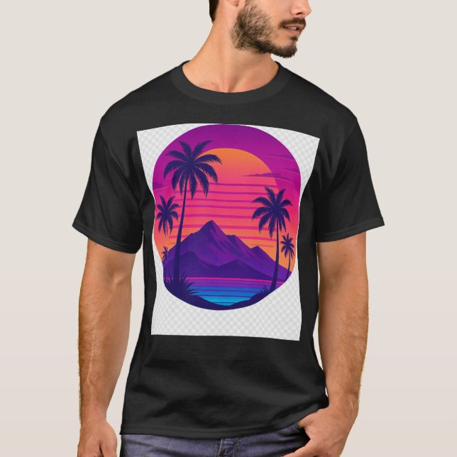 T-shirt Coucher de soleil des années 80 rétro avec palmier (Devant)