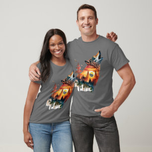 T-shirt Coucher de soleil double exposition loup hurlant
