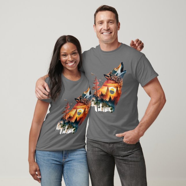 T-shirt Coucher de soleil double exposition loup hurlant (Unisexe)