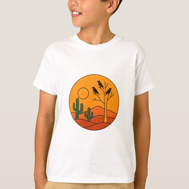 T-shirt Coucher de soleil du désert avec corbeaux - Gras G (Devant)