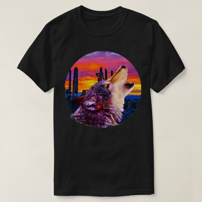T-shirt Coucher de soleil du désert de loup hurlant (Design devant)