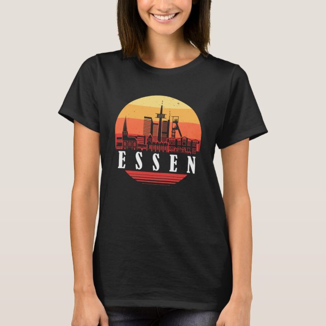 T-shirt Coucher de soleil Essen Skyline de style rétro Vin (Devant)