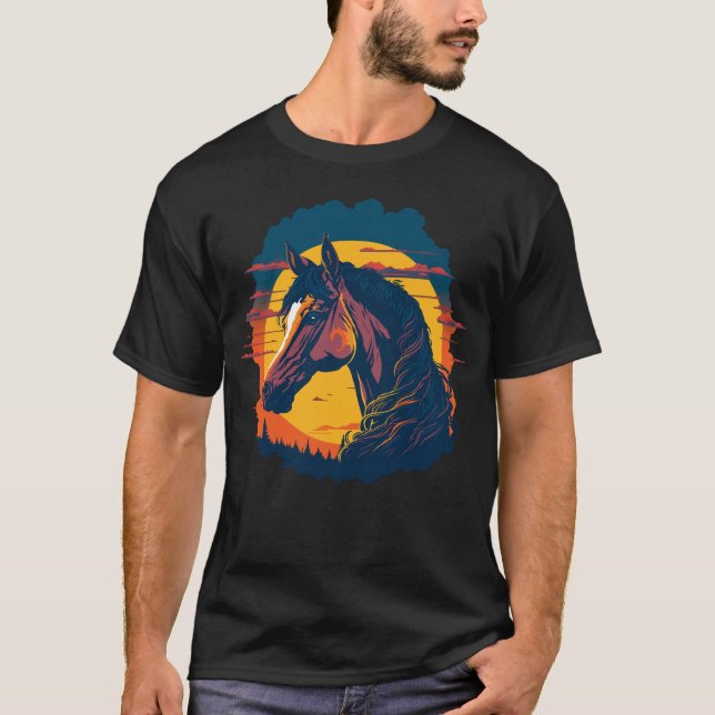 T-shirt Coucher De Soleil Rétro Et Tête De Cheval (Devant)