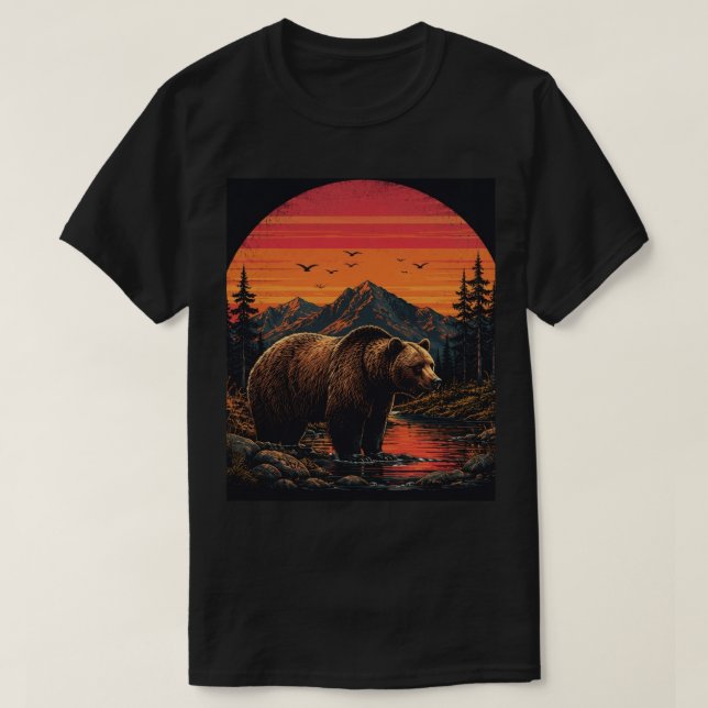 T-shirt Coucher de soleil rétro Faune Silhouette d'animal  (Design devant)