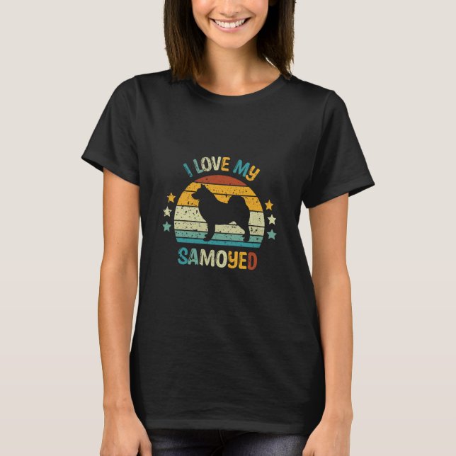 T-shirt Coucher de soleil rétro J'aime mon Samoyède (Devant)