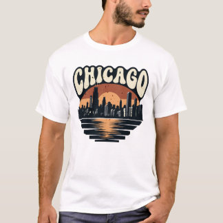 T-shirt Coucher de soleil rétro sur la skyline de Chicago 