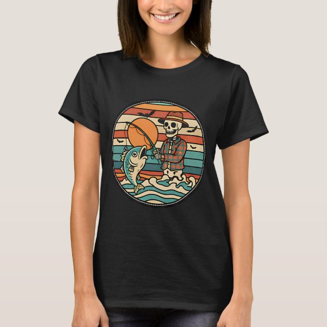 T-shirt Coucher de soleil squelette pêche drôle Halloween  (Devant)