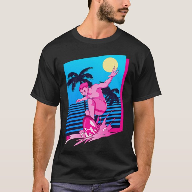 T-shirt Coucher de soleil Synthwave Surfeur Palmiers Surf  (Devant)