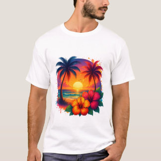 T-shirt Coucher de soleil tropical avec palmiers et Hibisc