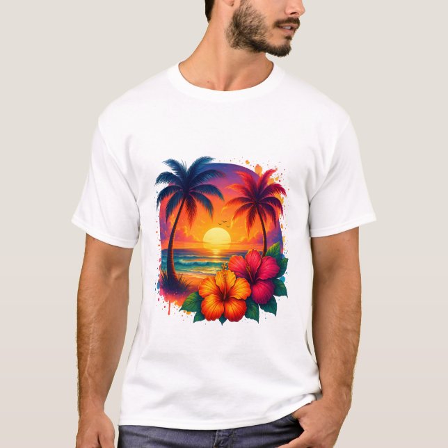 T-shirt Coucher de soleil tropical avec palmiers et Hibisc (Devant)