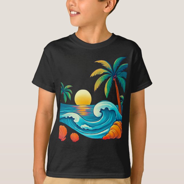 T-shirt Coucher de soleil tropical avec vagues et palmiers (Devant)