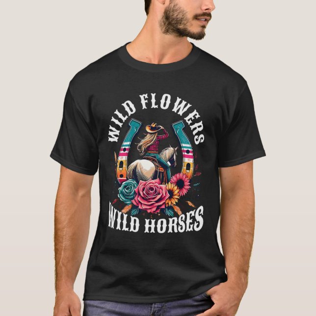 T-shirt Coucher du soleil fille équitation Cheval Fleurs s (Devant)