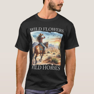 T-shirt Coucher du soleil fille équitation Cheval Fleurs s
