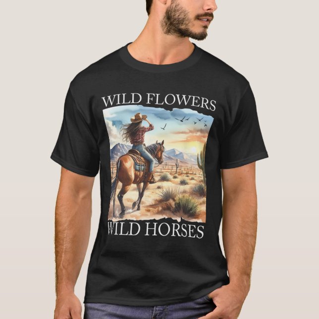 T-shirt Coucher du soleil fille équitation Cheval Fleurs s (Devant)