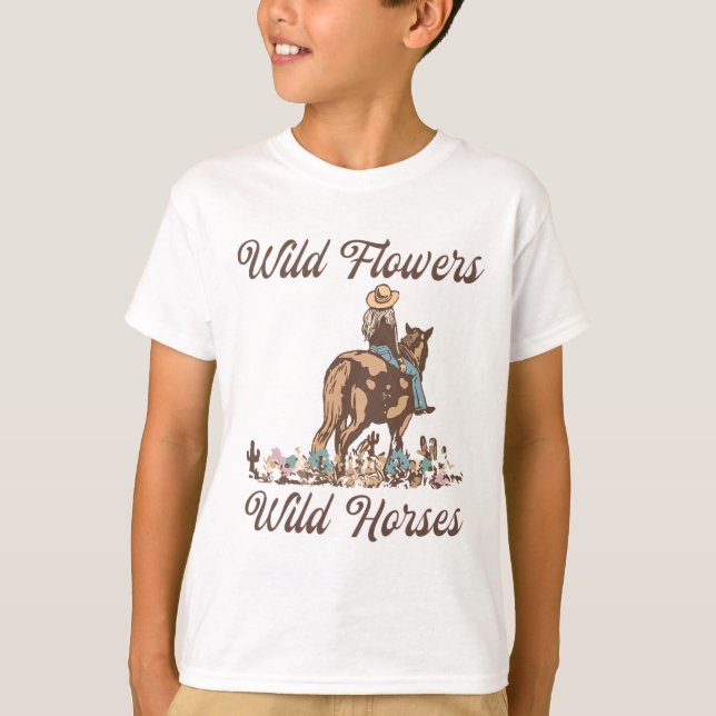 T-shirt Coucher du soleil fille équitation Cheval Fleurs s (Devant)