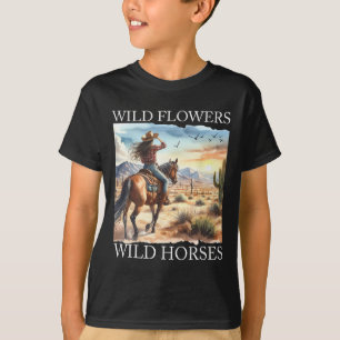 T-shirt Coucher du soleil fille équitation Cheval Fleurs s
