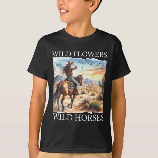 T-shirt Coucher du soleil fille équitation Cheval Fleurs s (Devant)