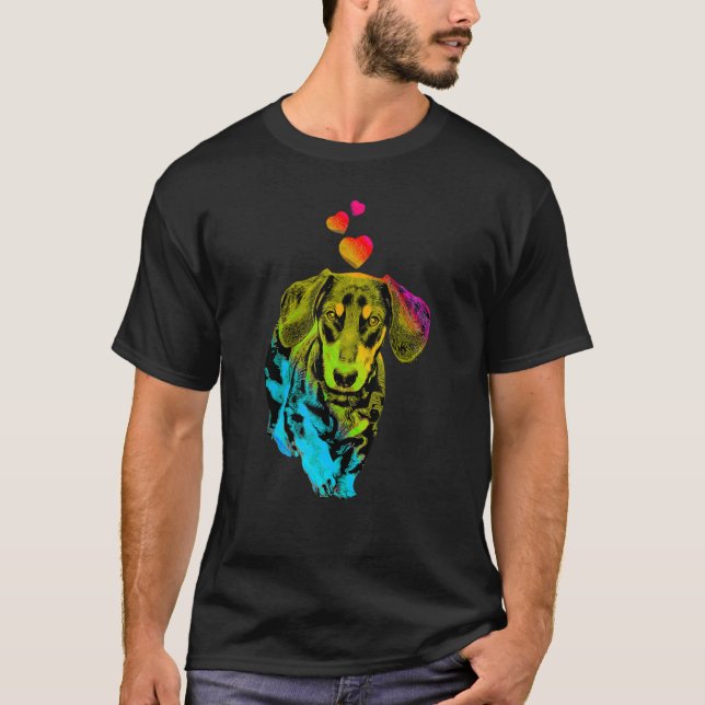 T-shirt Couleur arc-en-ciel Chien Dachshund avec Coeur Col (Devant)