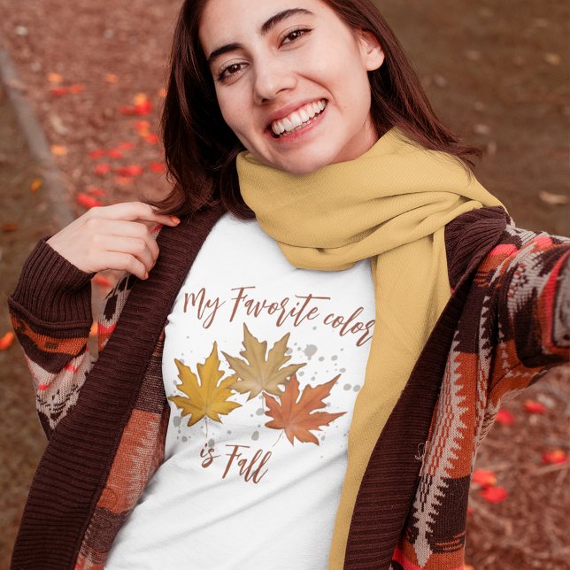 T-shirt Couleur d'eau des feuilles d'automne simple ("My favorite color is Fall" T-shirt with watercolor fall foliage and calligraphy script. )