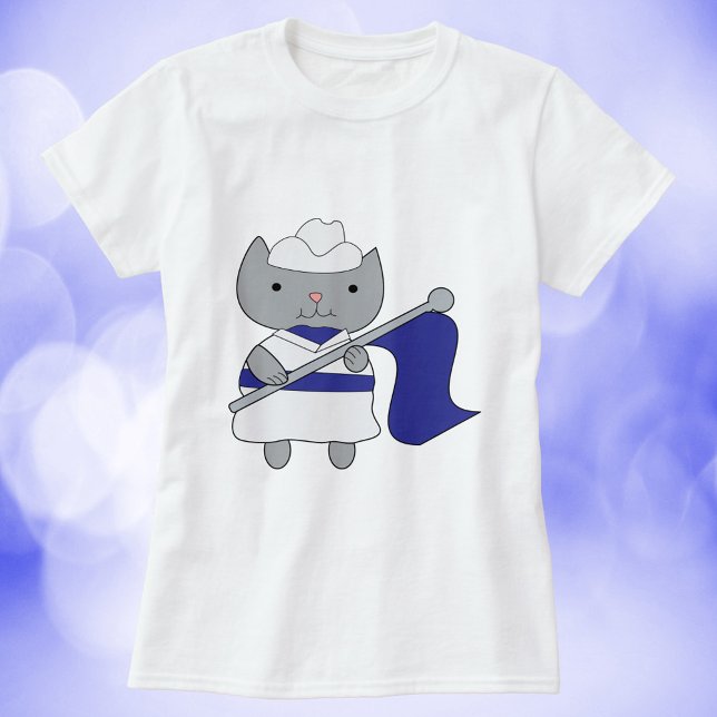 T-shirt Couleur Garde Cat Bleu Blanc (A shirt with a cute kitty cat wearing a blue and white color guard uniform.)