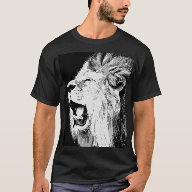 T-shirt Couleur noire de la pop d'art du lion rugissant (Devant)