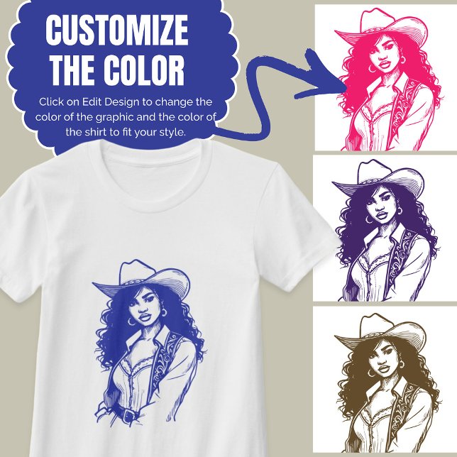 T-shirt Couleur personnalisée Couleur Cowgirl Line Dessin  (Custom Color Cowgirl Line Drawing Country Western T-Shirt)