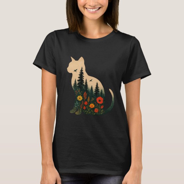 T-shirt Couleurs de silhouette de chat Fleur sauvage Boho  (Devant)