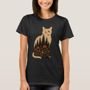 T-shirt Couleurs de silhouette de chat Fleur sauvage Boho