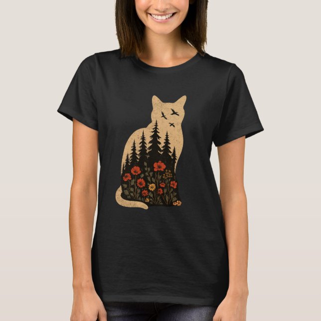 T-shirt Couleurs de silhouette de chat Fleur sauvage Boho  (Devant)