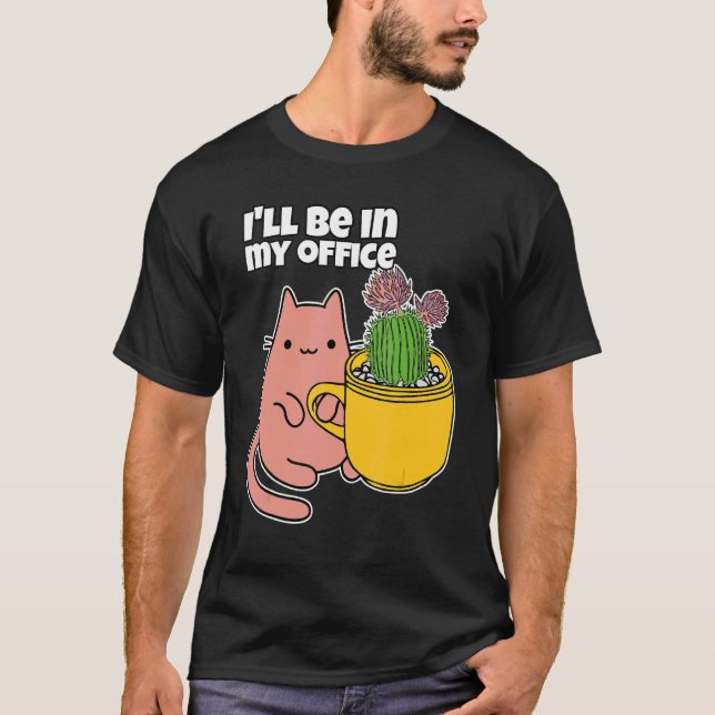 T-shirt Coupe de cactus et chat dans un bureau (Devant)