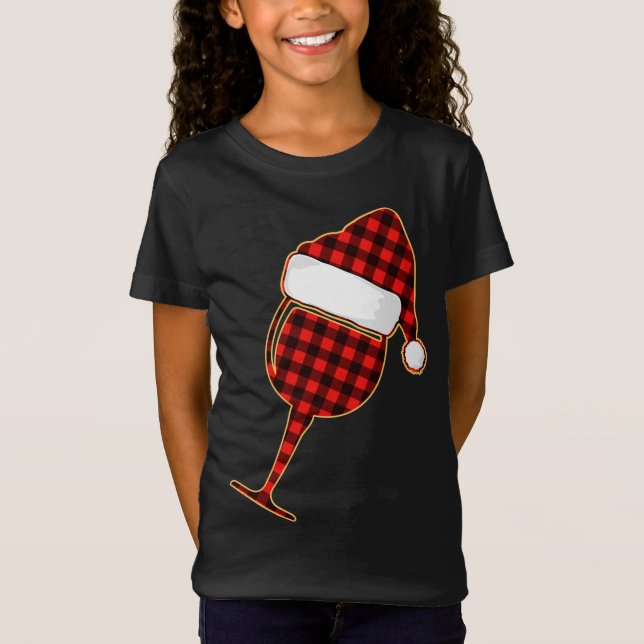 T-Shirt Coupe de vin rouge plaid et chapeau de Noël (Devant)