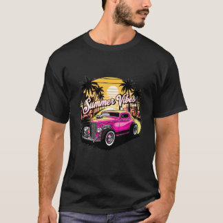 T-shirt Coupe d'été Vintage voiture coucher de soleil sur