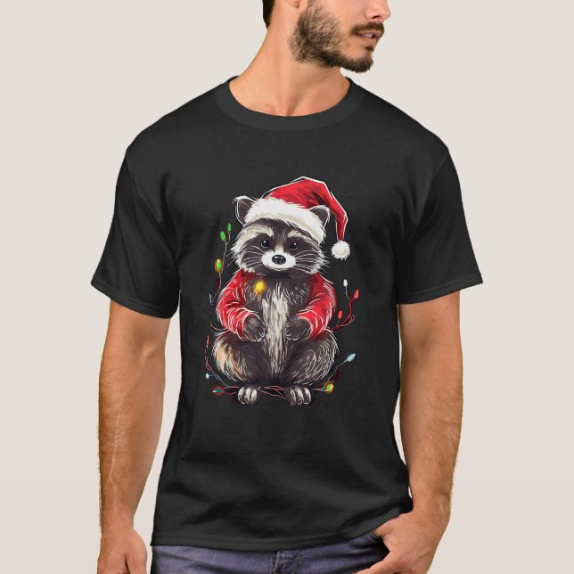 T-shirt Coupe Raccoon lumières Noël Noël Noël Chapeau Noël (Devant)
