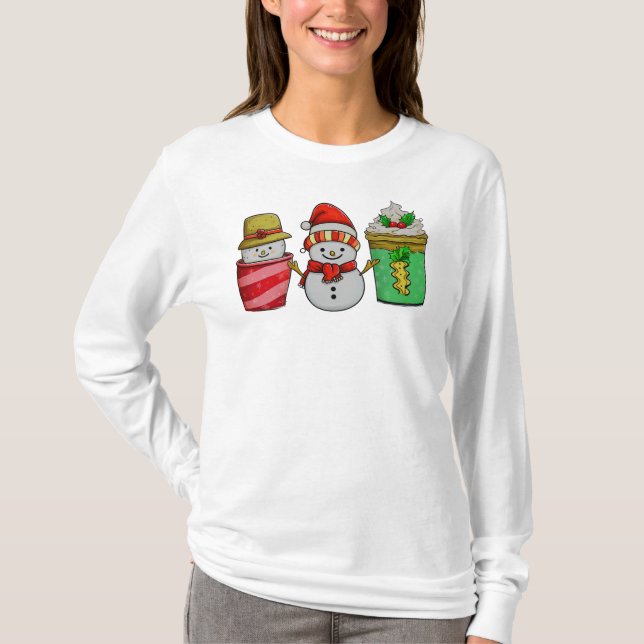 T-shirt Coupes de café de Noël Snowman Long Manche (Devant)