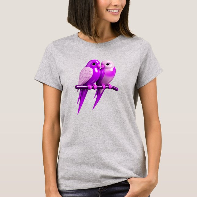 T-shirt Couple d'oiseau amoureux sur un perchoir.  (Devant)