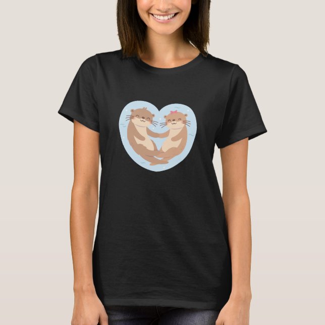 T-shirt Couple Otter mignon tenant les mains dans le coeur (Devant)