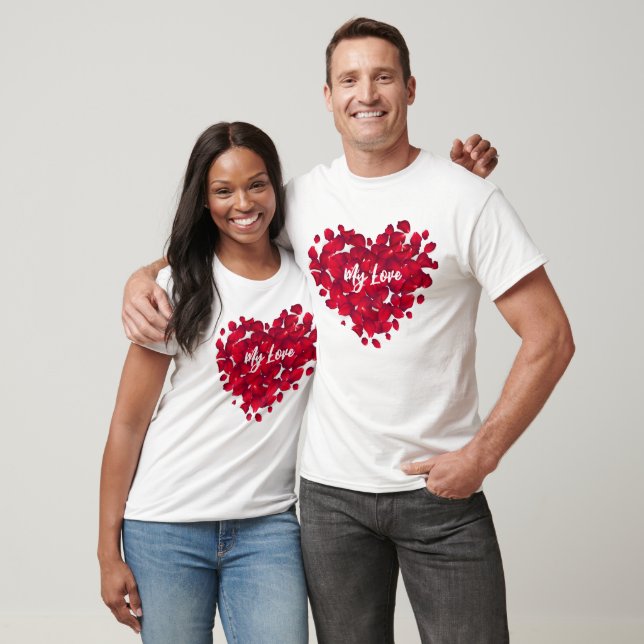 T-shirt Couple Valentine's Custom Heart Rose Pétales Blanc (Unisexe)