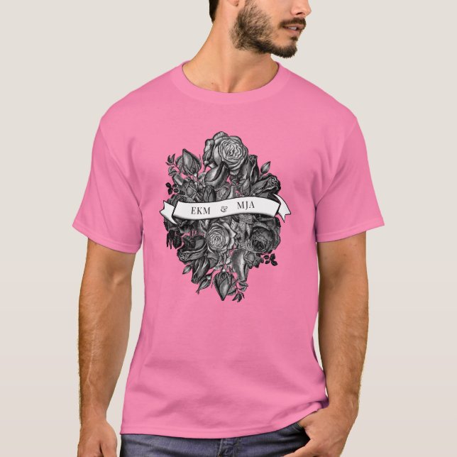 T-shirt Couples Initiales Monogramme Rose noir Mariage (Devant)