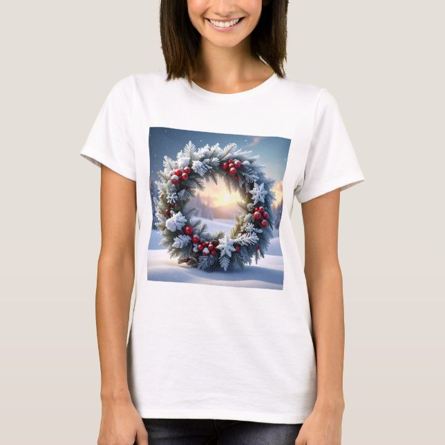 T-shirt Couronne de Noël enneigée avec des baies rouges (Devant)