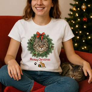 T-shirt Couronne de photo de chat de Noël mignonne