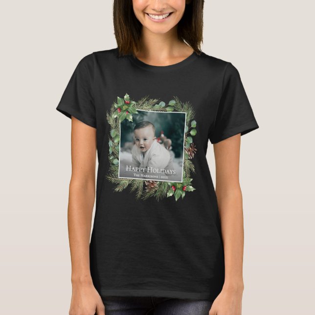 T-shirt Couronne de photos Joyeuses Fêtes Feuillage  (Devant)