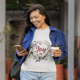 T-shirt Couronne, fleurs rouges, baies Joie Noël