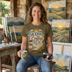 T-shirt Course de café sur les routes rurales au lever du