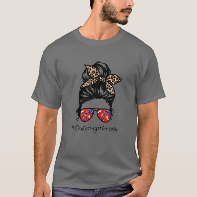 T-shirt Course de voiture Momma Messy Cheveux Bun Leopard  (Devant)