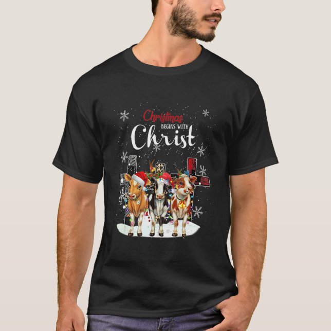 T-shirt Cow Christmas Begins With Christ Cow  Christmas (Devant)